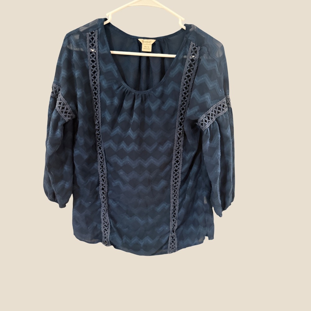 Ariat Navy Blue Chevron Sheer Peasant Blouse Crochet‎ Trim 3/4 Sleeve Western XS